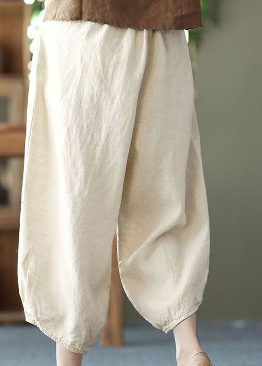 Beige Pockets Wrinkled Patchwork Linen Harem Pants Summer