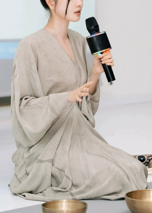 New Grey V Neck Cotton Maxi Dresses Long Sleeve