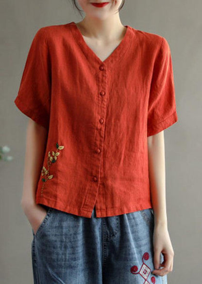 Loose Pink-ink Flowers V Neck Embroidered Summer Linen Shirt