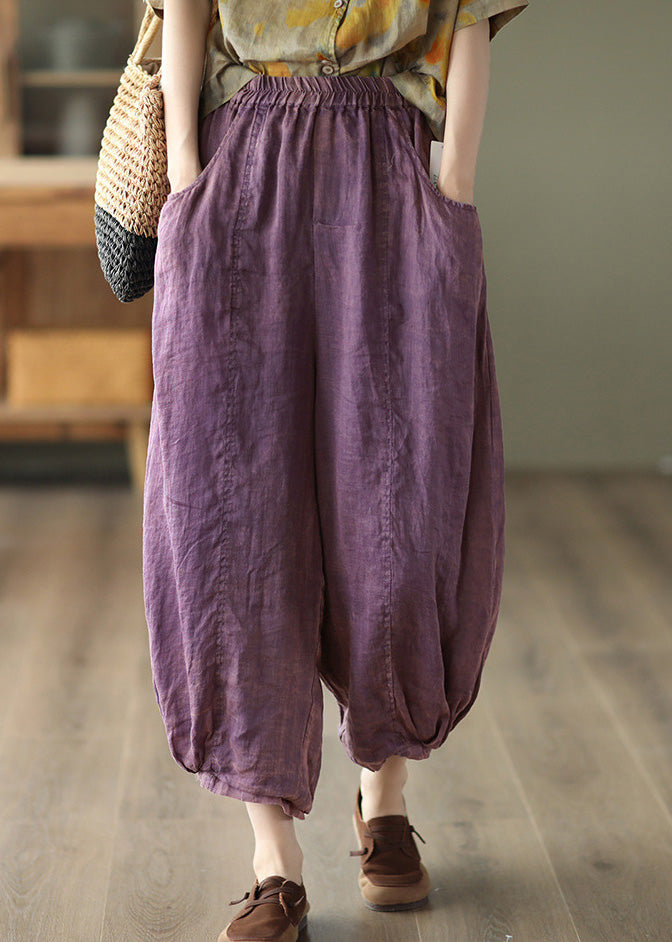 Retro Purple Elastic Waist Ramie Lantern Pants Summer