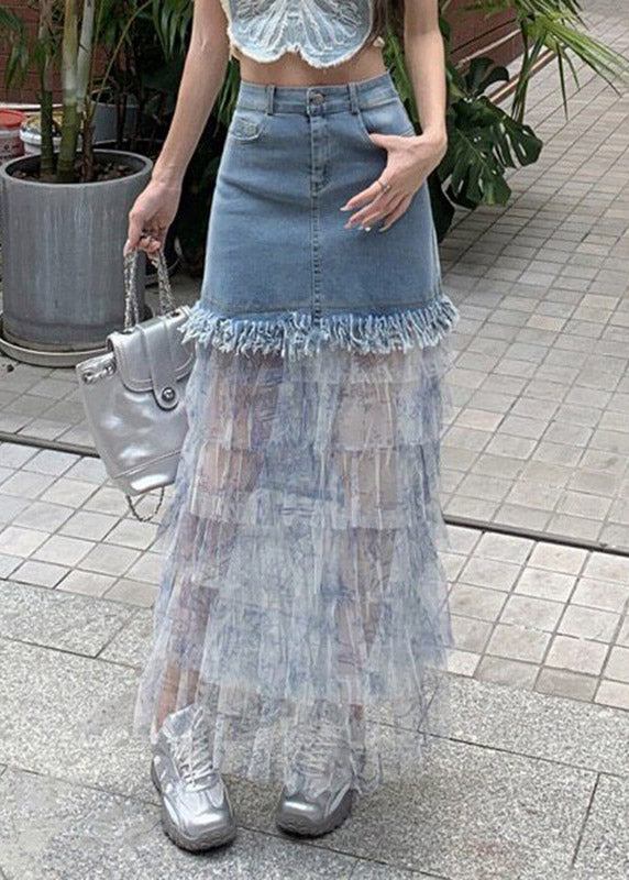 Blue Denim Patchwork Tulle Maxi Cake Skirts Summer