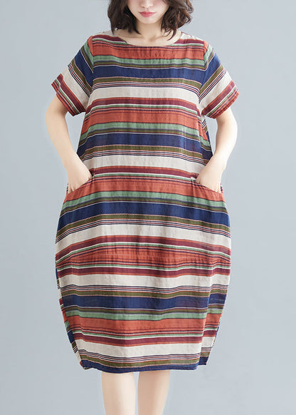 Italian Red Striped O-neck Cotton Maxi Dress Short Sleeve