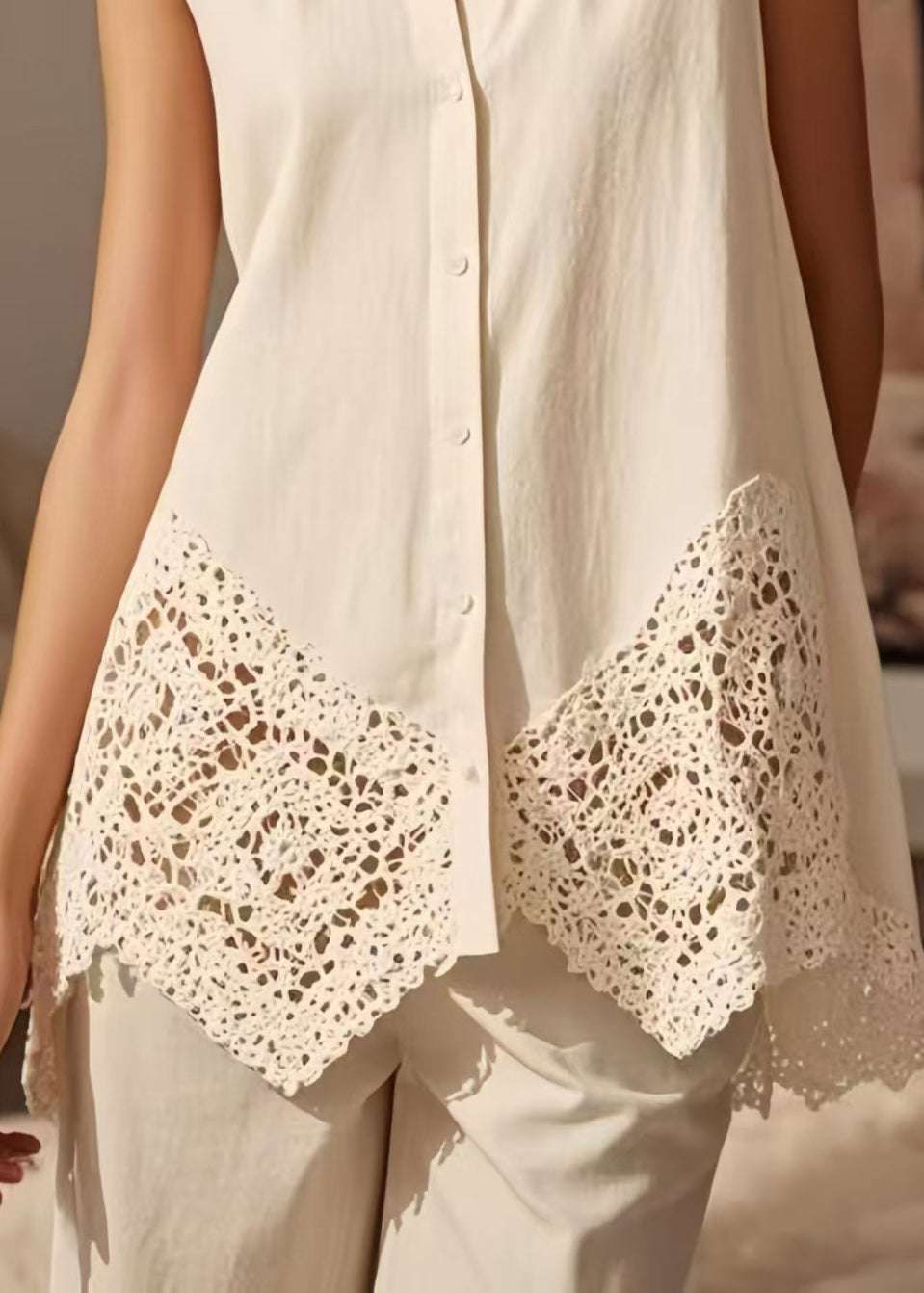 White Lace Patchwork Cotton Shirt Tops Sleeveless