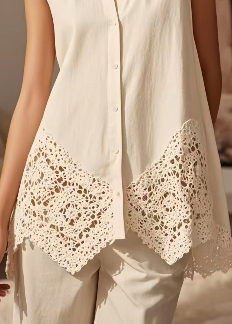 White Lace Patchwork Cotton Shirt Tops Sleeveless