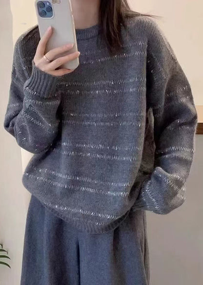 Dark Grey O-neck Striped Wool Knit Sweater Fall
