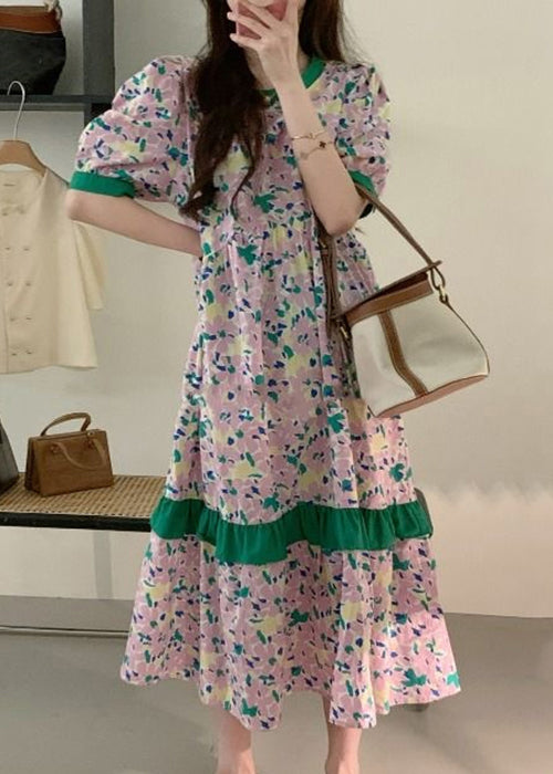 Pink Print Patchwork Cotton Long Dress Summer