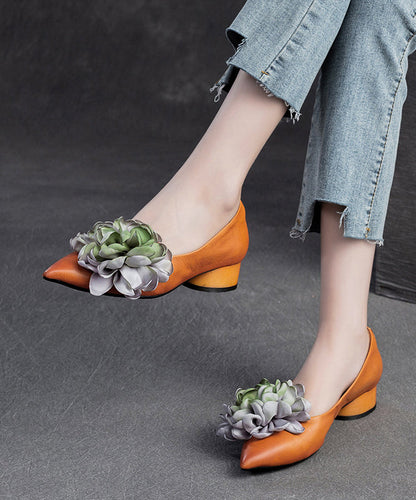 Retro Camel Pointed Toe Cowhide Leather Flats Shoes