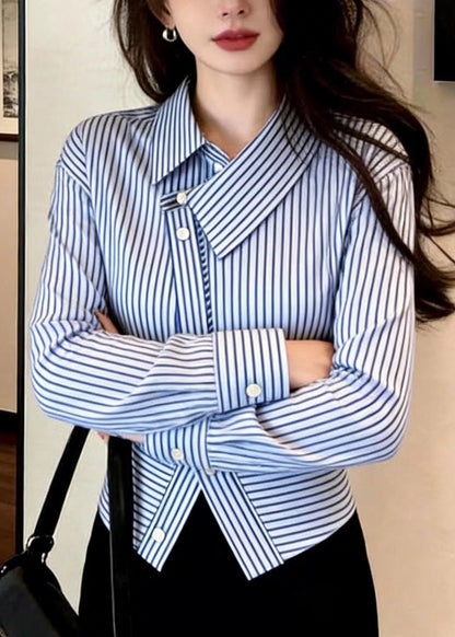 Blue Striped Peter Pan Collar Button Shirt Spring