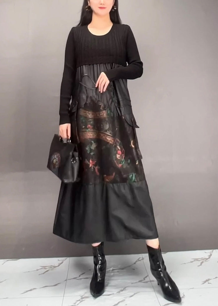 Black Print Patchwork Wrinkled Maxi Dress Fall