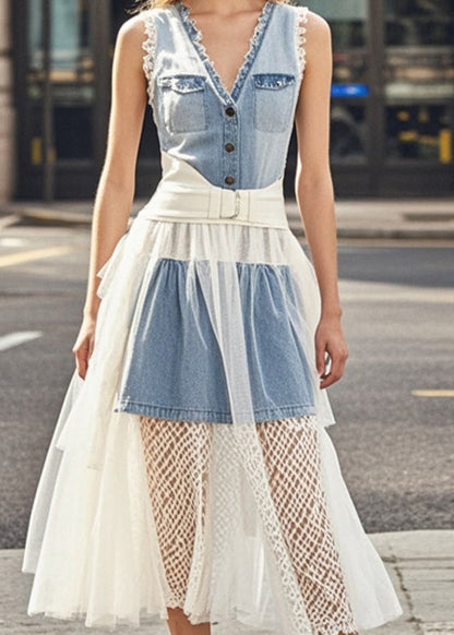 Denim Blue Ruffled Patchwork Tulle Vacation Dresses Summer