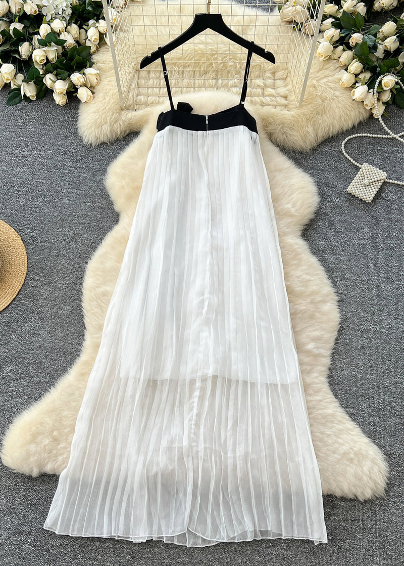 White Bow Patchwork Chiffon Pleated Cami Dress Summer