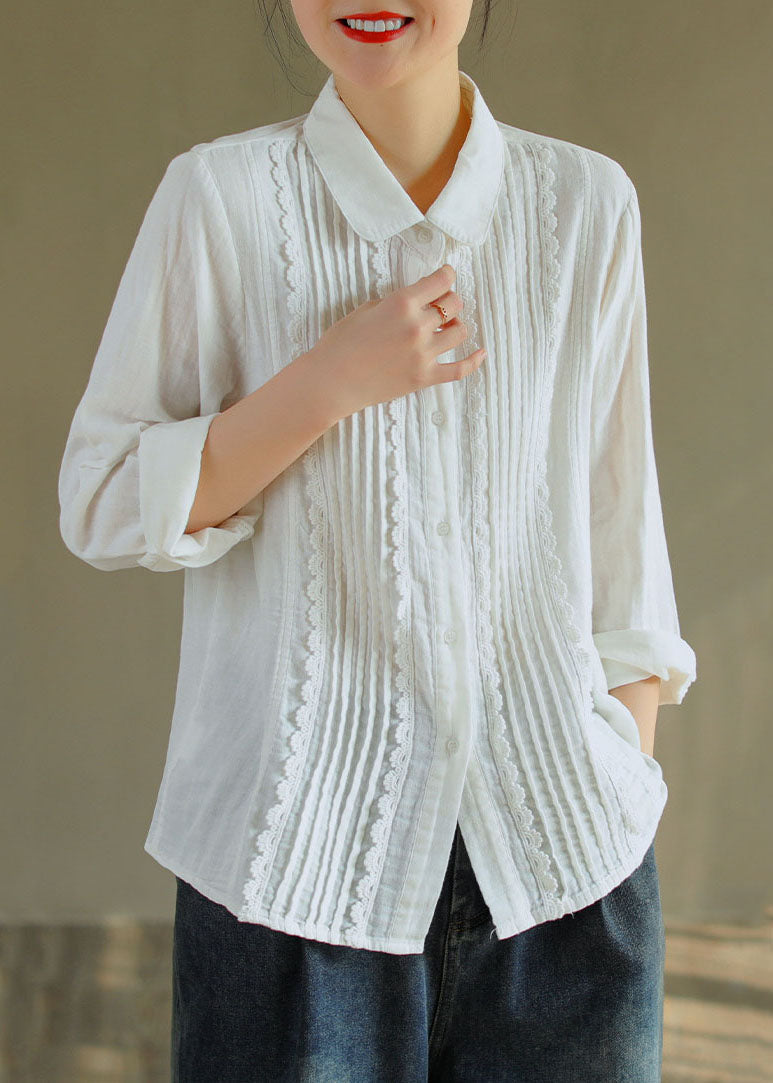 White Peter Pan Collar Lace Patchwork Wrinkled Cotton Shirt Top Spring