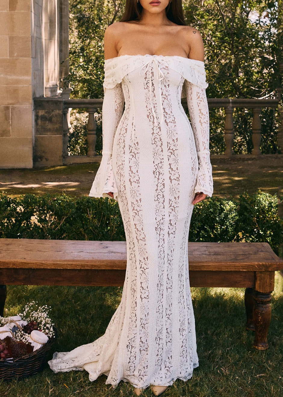 French One Neck Off Shoulder Lace Dress Flared Sleeves