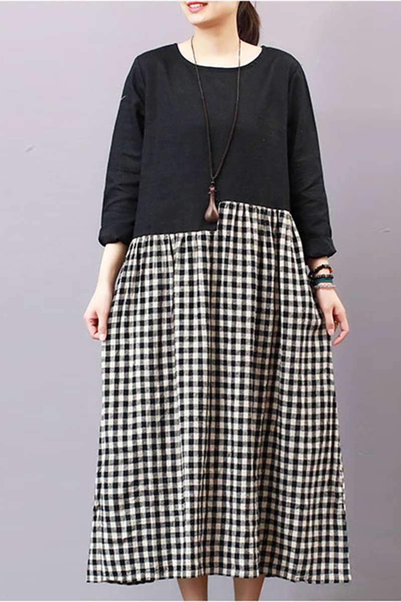 Loose Plaid Dress, Linen Literary Maxi Dress for Spring