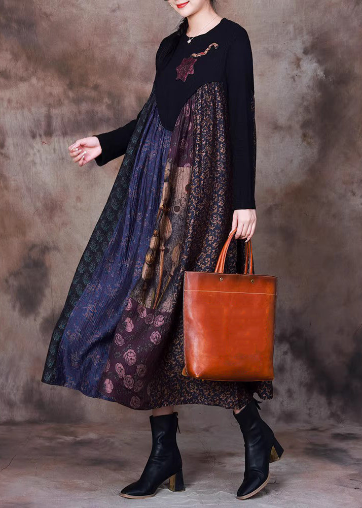 Blue Print Knit Patchwork Long Dress Winter