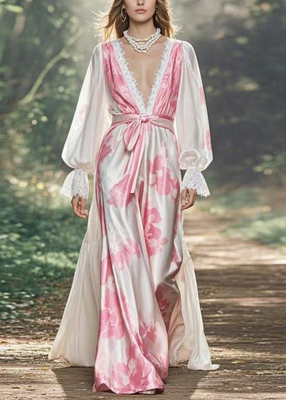 Italian Print Tie Waist Silk Maxi Dresses Flare Sleeve
