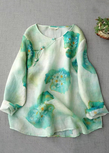 Pink O Neck Print Chinese Button Linen Blouse Top Fall