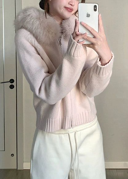 Blue Fur Collar Zippered Knit Coats Winter