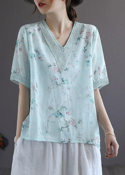 Simple Light Green V-neck Print Summer Ramie Shirt Top Short Sleeve