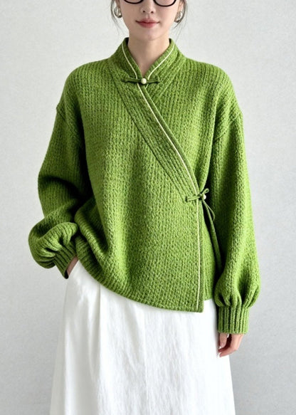 Grass Green Thick Knit Oriental Sweater Tops Winter
