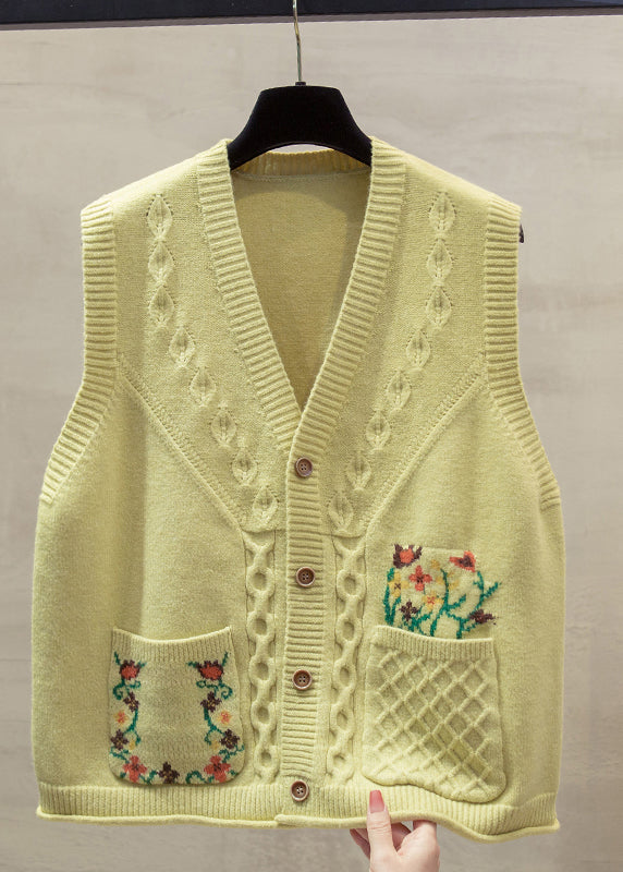 Natural Yellow V Neck Cotton Knitted Waistcoat Fall