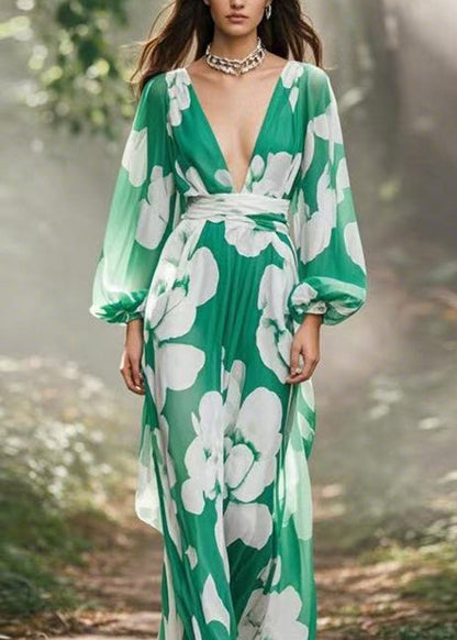 Green V Neck Print Chiffon Maxi Dress Spring