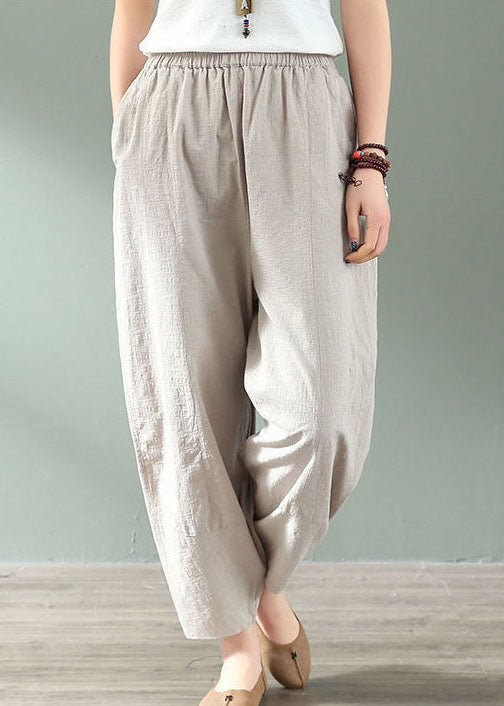 Linen Colour Elastic Waist Pockets Linen Crop Pants Summer