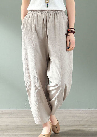 Linen Colour Elastic Waist Pockets Linen Crop Pants Summer