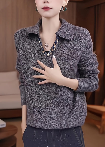 Stylish Grey Peter Pan Collar Patchwork Thick Cotton Knit Sweaters Fall