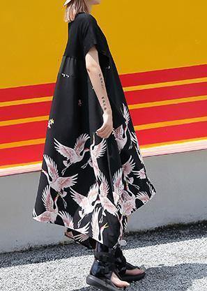 Simple Black Crane Prints Cotton Summer Dress