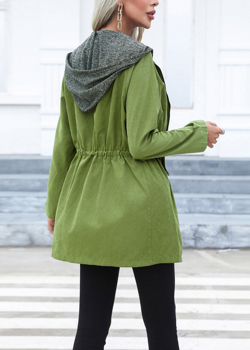 Green Drawstring Patchwork Cotton Hoodie Coat Fall