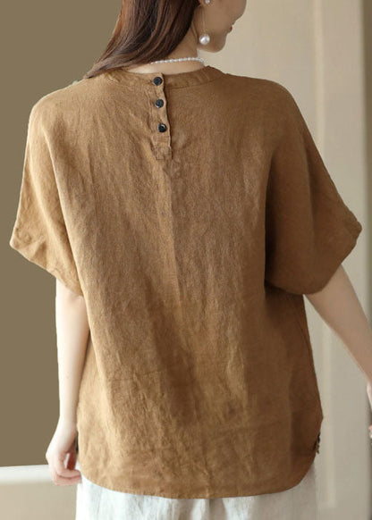 Brown O Neck Patchwork Linen T Shirt Top Summer