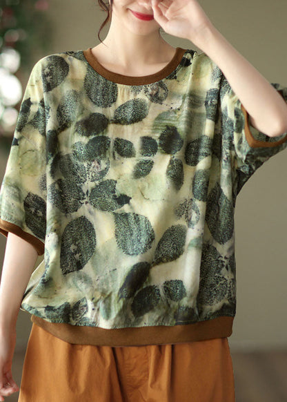 Green O Neck Print Patchwork Linen T Shirt Tops Summer