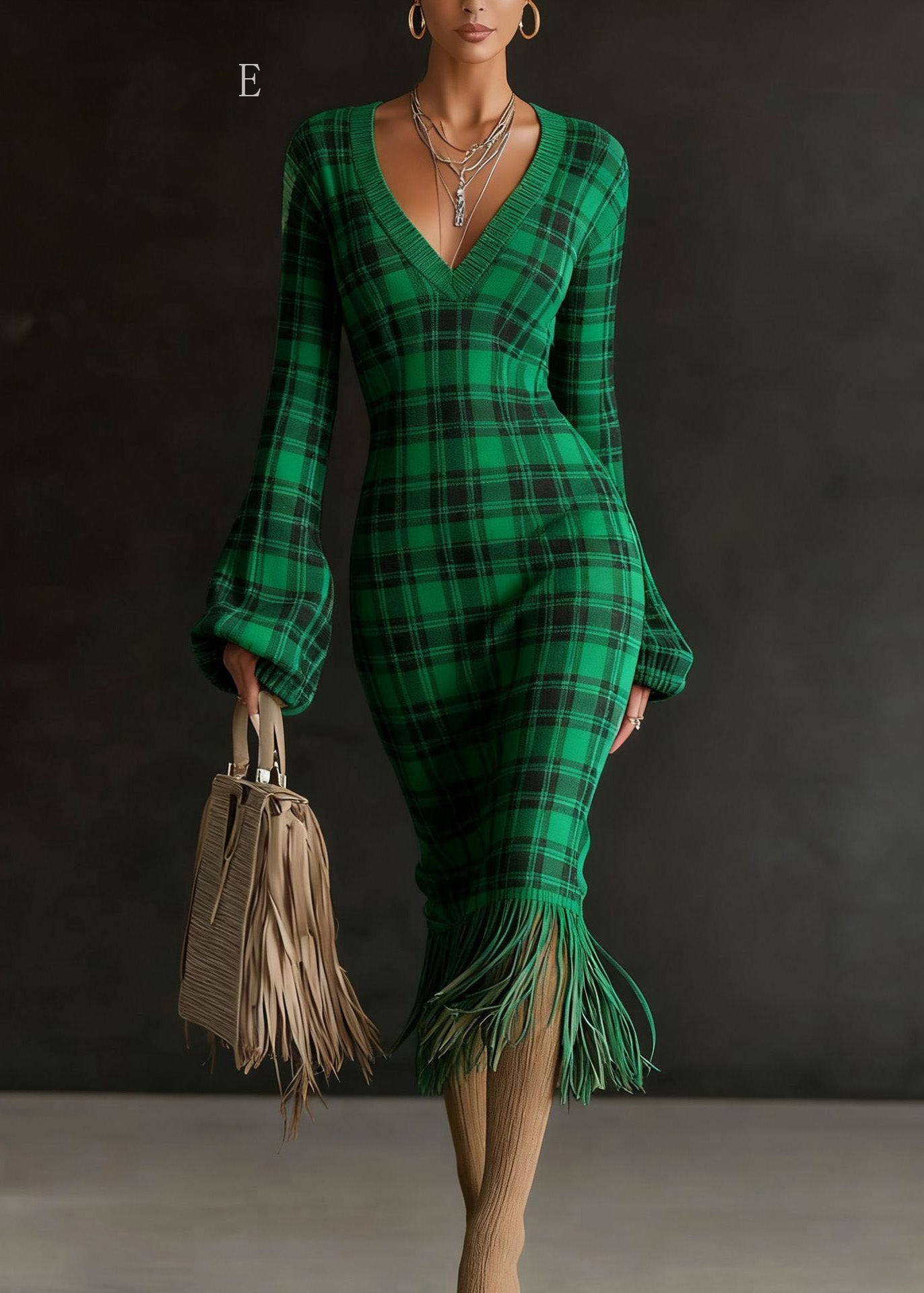 V Neck Tassel Patchwork Knitted Sweaters Dress Winter