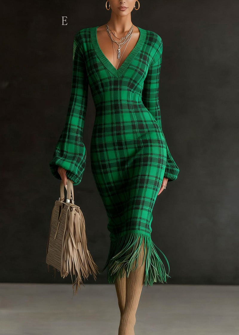V Neck Tassel Patchwork Knitted Sweaters Dress Winter