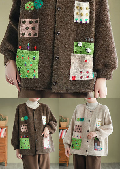 Apricot O Neck Pockets Button Knit Cardigans Coat Fall