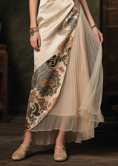 Champagne Asymmetrical Patchwork Print Silk Dresses Sleeveless