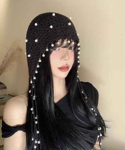 Style Hollow Out Pearl Tassel Knitted Boonie Hat
