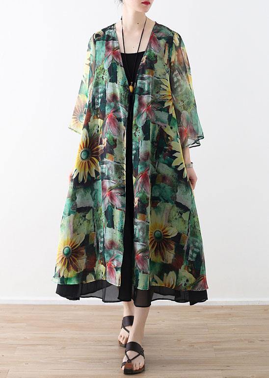 Green Print Long Sleeve Chiffon Long Cardigan