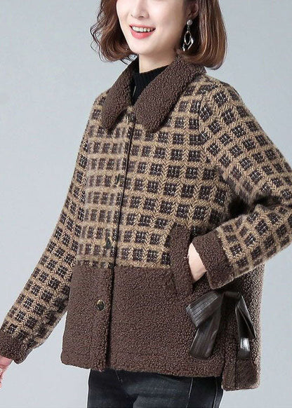 Khaki Peter Pan Collar Pockets Plaid Faux Fur Coats Winter