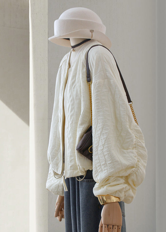 Beige Zip Up Drawstring Loose Cotton Jackets Lantern Sleeve