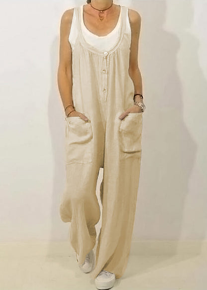 Khaki O-neck Button Jumpsuits Sleeveless