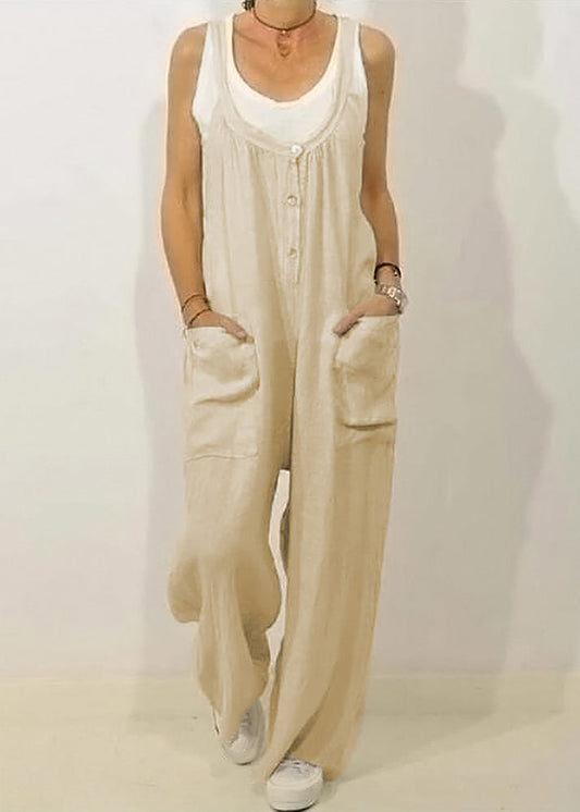 Khaki O-neck Button Jumpsuits Sleeveless