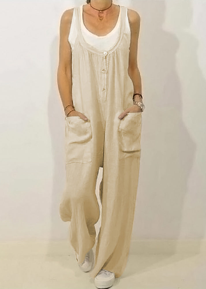 Khaki O-neck Button Jumpsuits Sleeveless