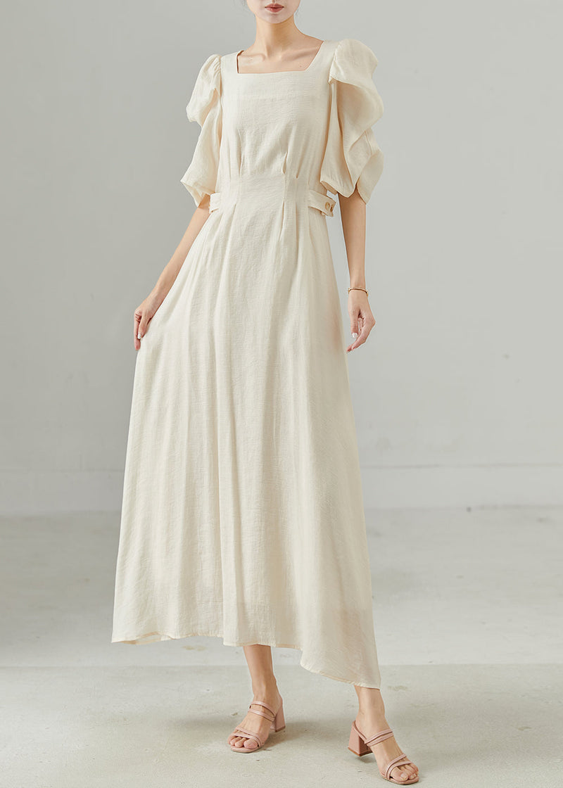 Beige Square Collar Cotton Cinched Dress Puff Sleeve