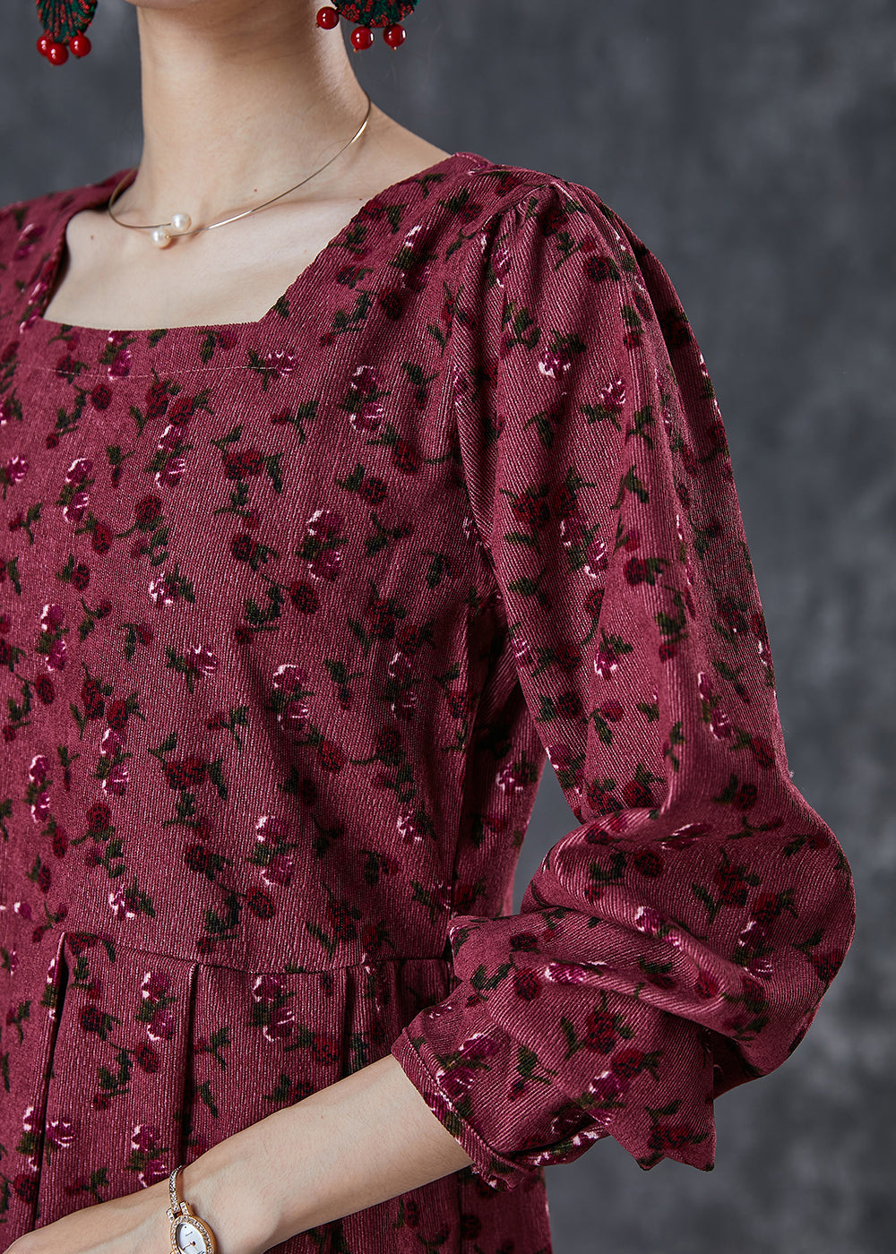Mulberry Square Collar Print Corduroy Robe Dresses Spring