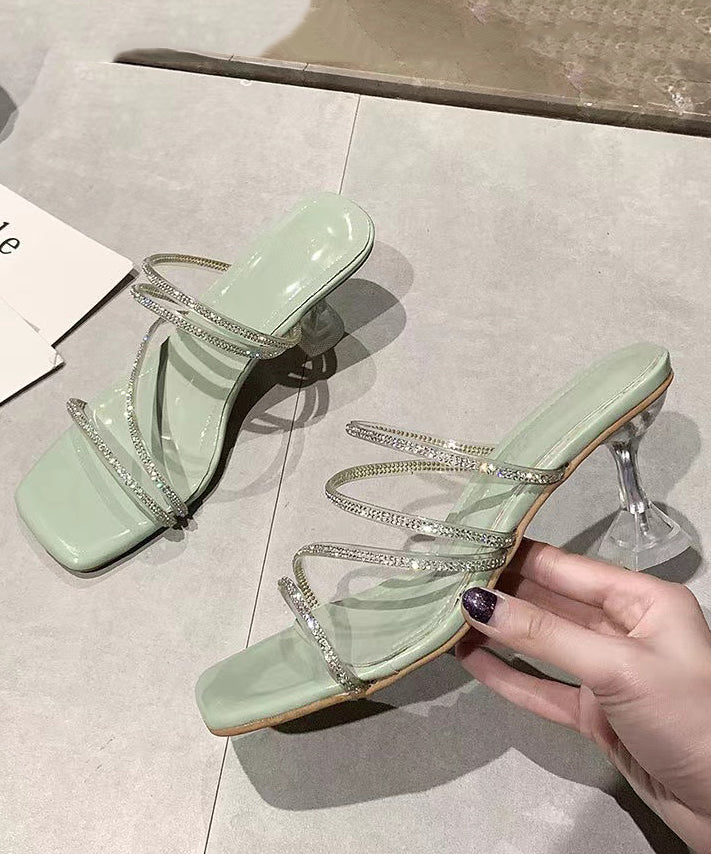 Green Splicing High Heel Slippers Zircon Peep Toe