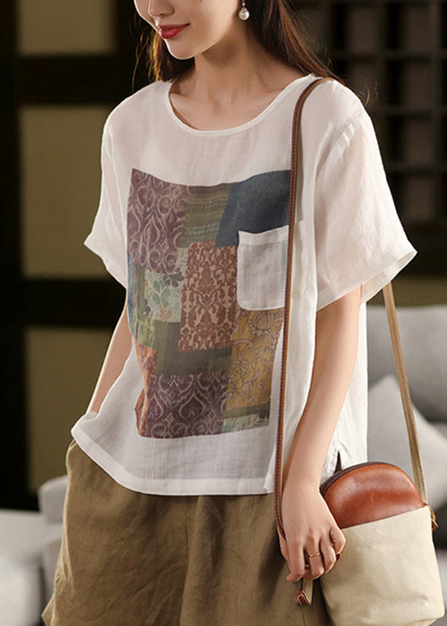 Skin Pink O Neck Print Pockets Linen T Shirts Summe
