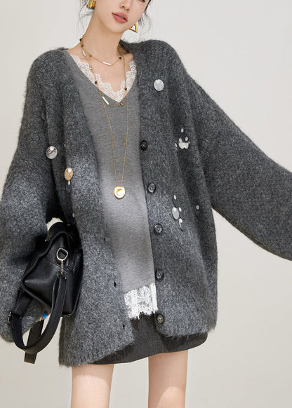 Grey Sequins Cotton Knit Cardigans Fall