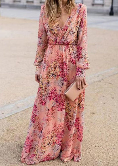 Pink V Neck Print Cotton Long Dress Fall